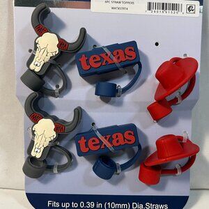 Texas Themed Silicone Straw Toppers Caps Skull Cowboy Hat Set of 6 New